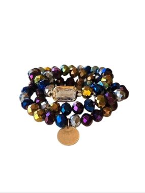 Czech Oilslick Faceted Glass Triple Strand Elastic Bracelets